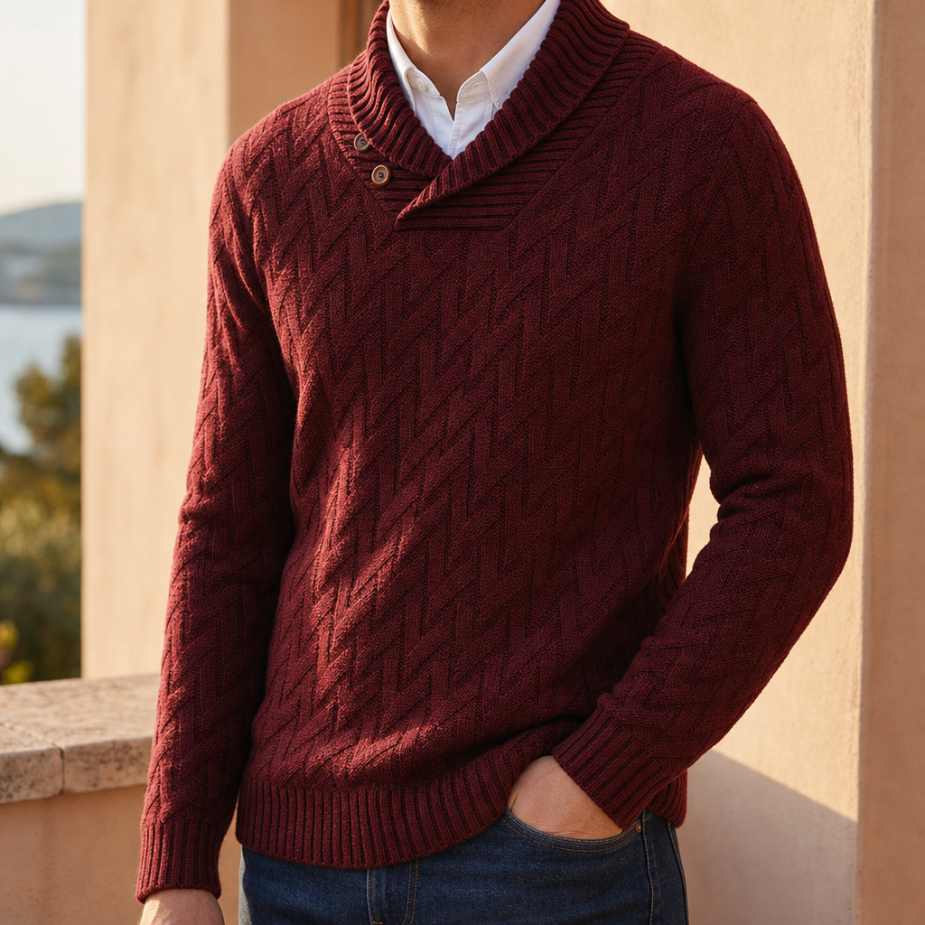 Guimaraes Shawl Collar Knit Sweater in Red