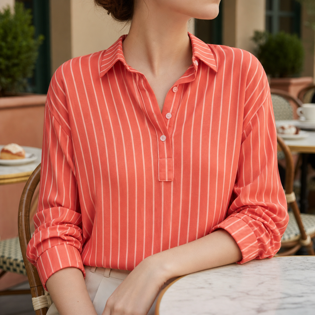 Folegandros Striped Button-Up Blouse in Red