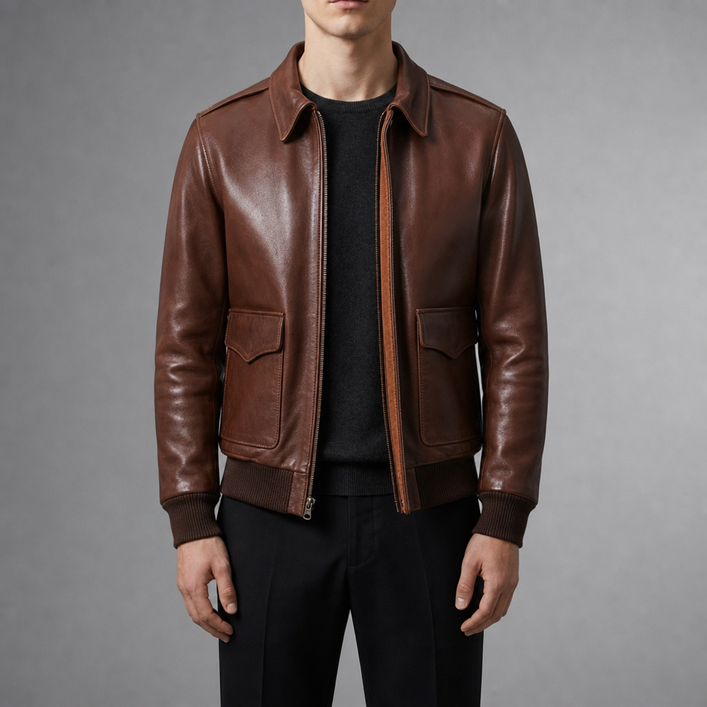 Korcula A2 Leather Bomber Jacket in Saddle Brown
