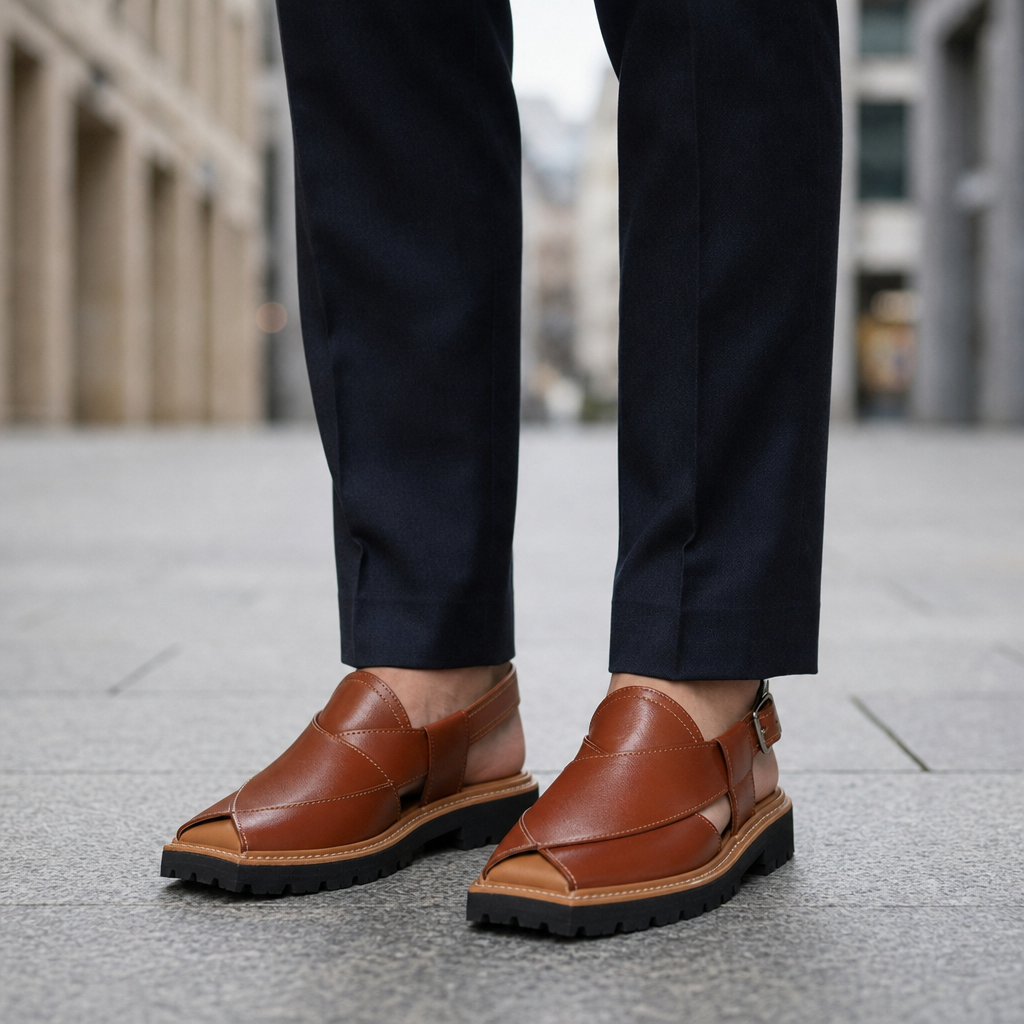 Ceret Rugged Leather Peshawari Sandals in Reddish Brown