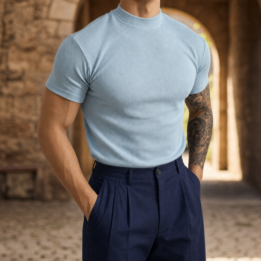 Mijas Ribbed Mock Neck Tee in Sky Blue