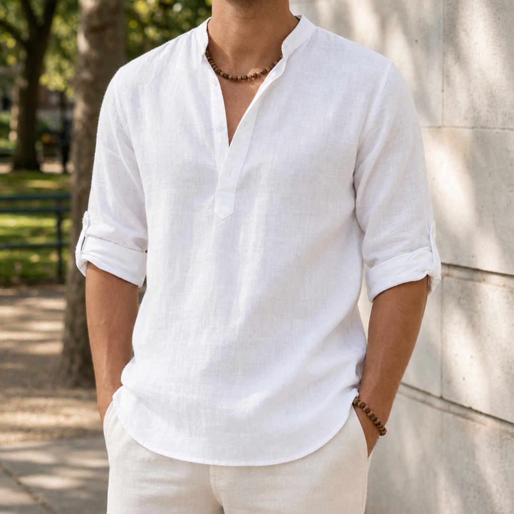 Begur Linen Henley Shirt in White