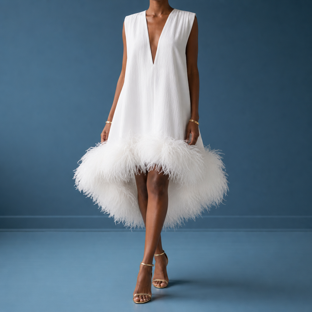 Astypalaia Feather Trim Mini Dress in White
