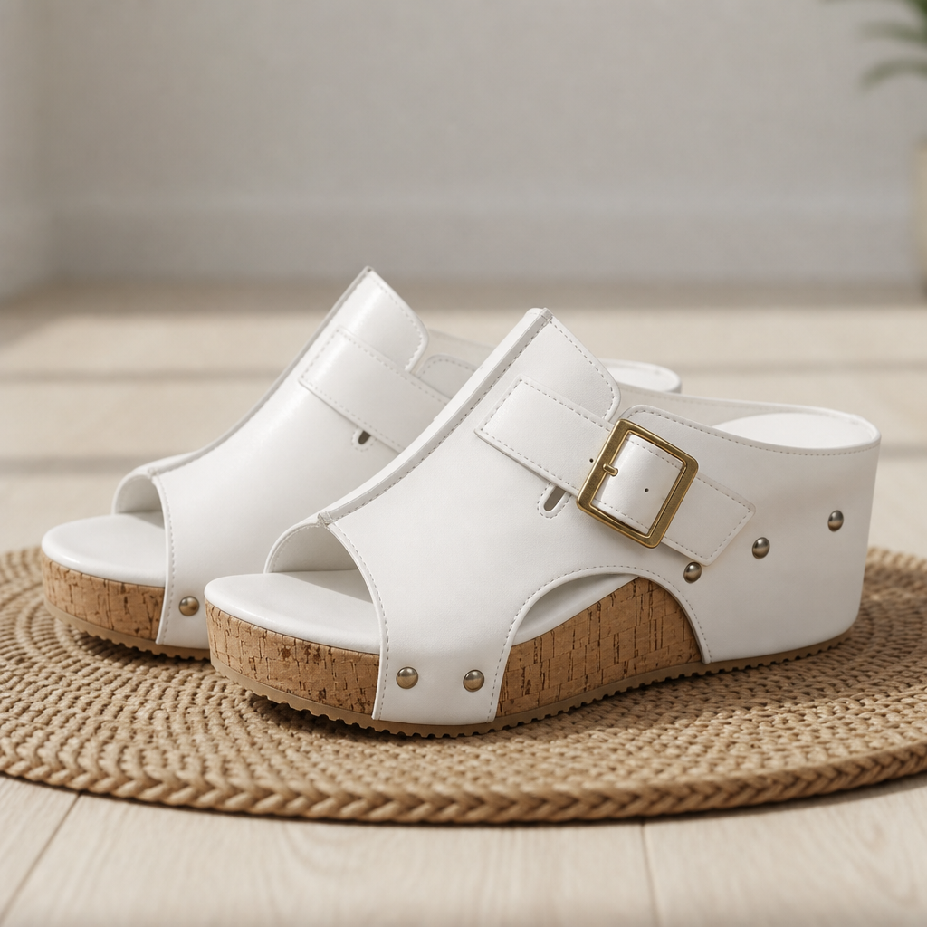Merano Cork Wedge Platform Sandals in White