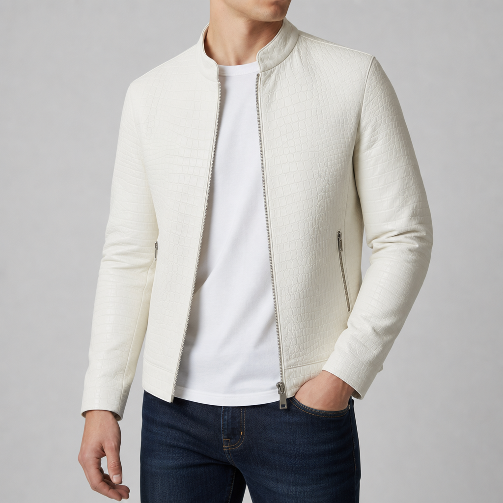 Ajaccio Croc Embossed Leather Jacket in White