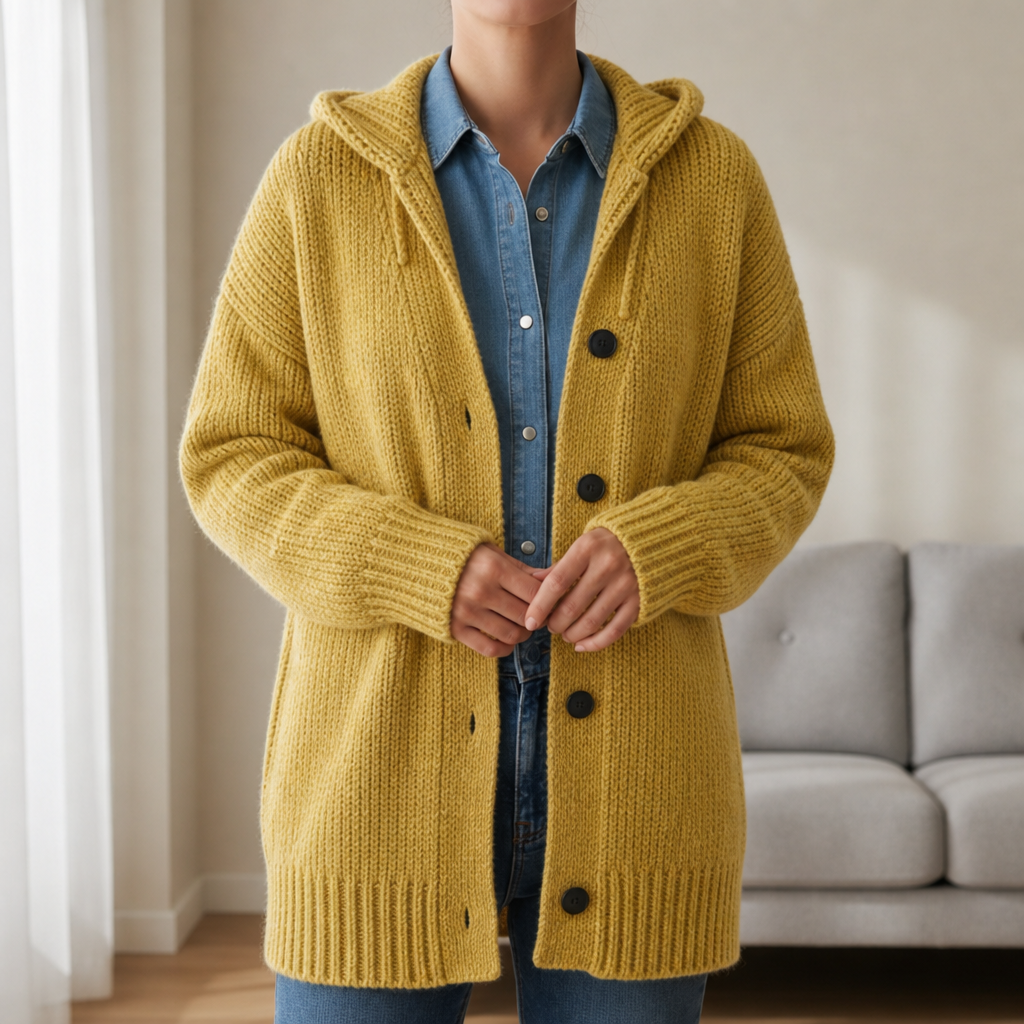 Sete Hooded Knit Cardigan in Mustard Yellow