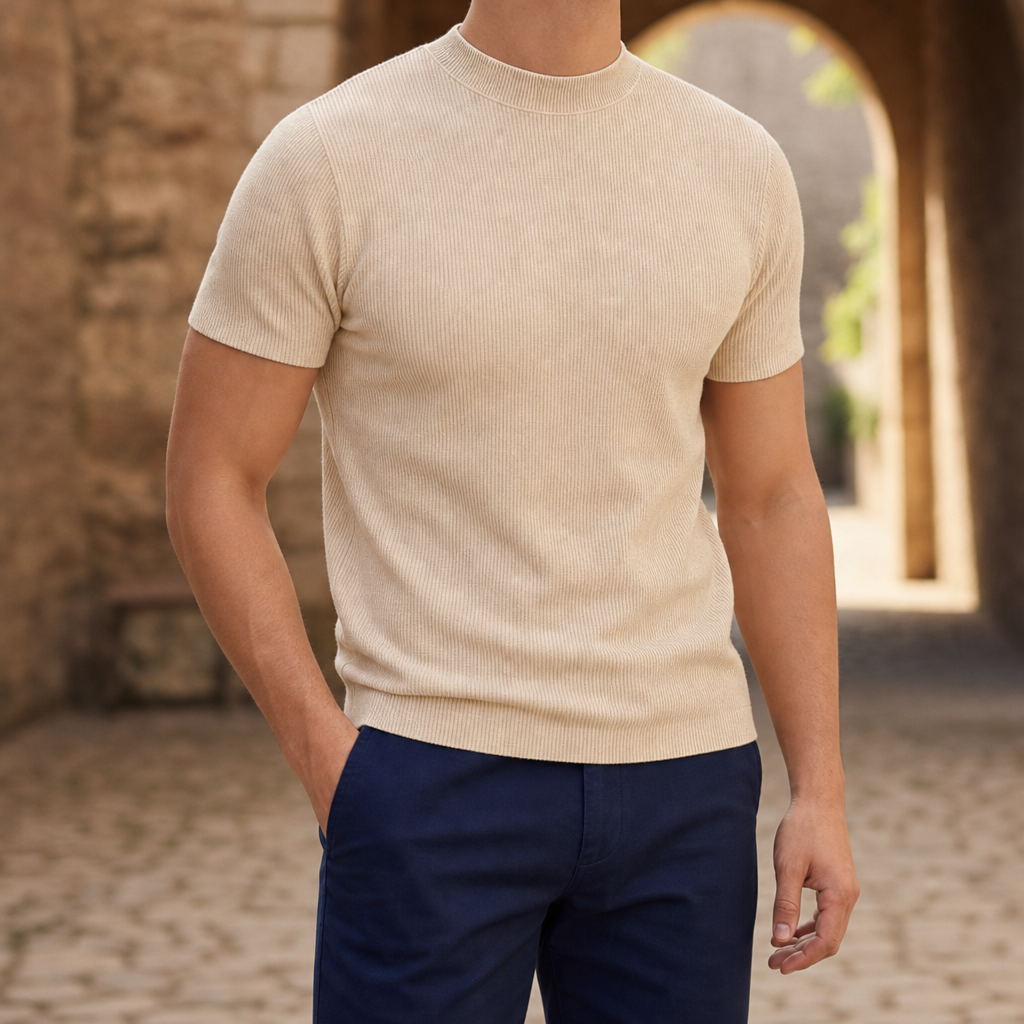 Mijas Ribbed Mock Neck Tee in Apricot