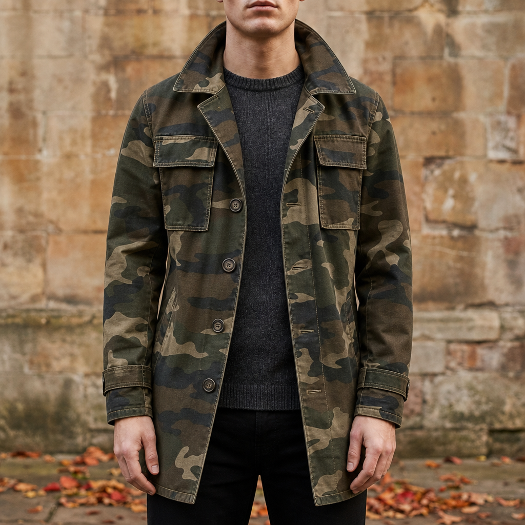 Formentera Camo Cargo Trench Coat in Olive Green