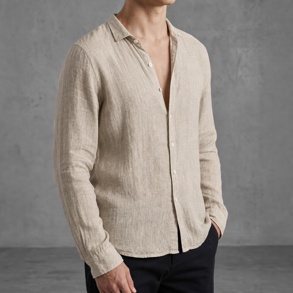 Merida Linen Open-Collar Shirt in Beige