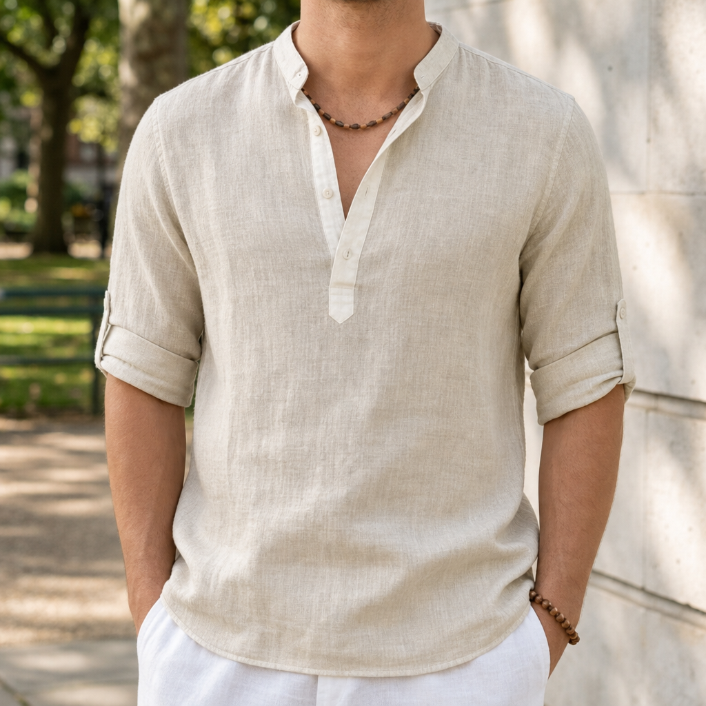 Begur Linen Henley Shirt in Beige