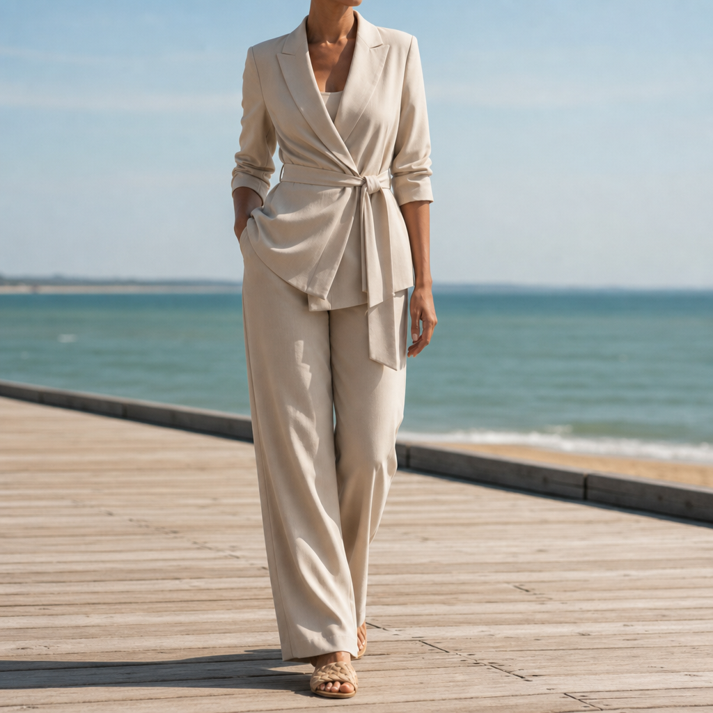 Roquebrune Belted Blazer Trouser Set in Beige