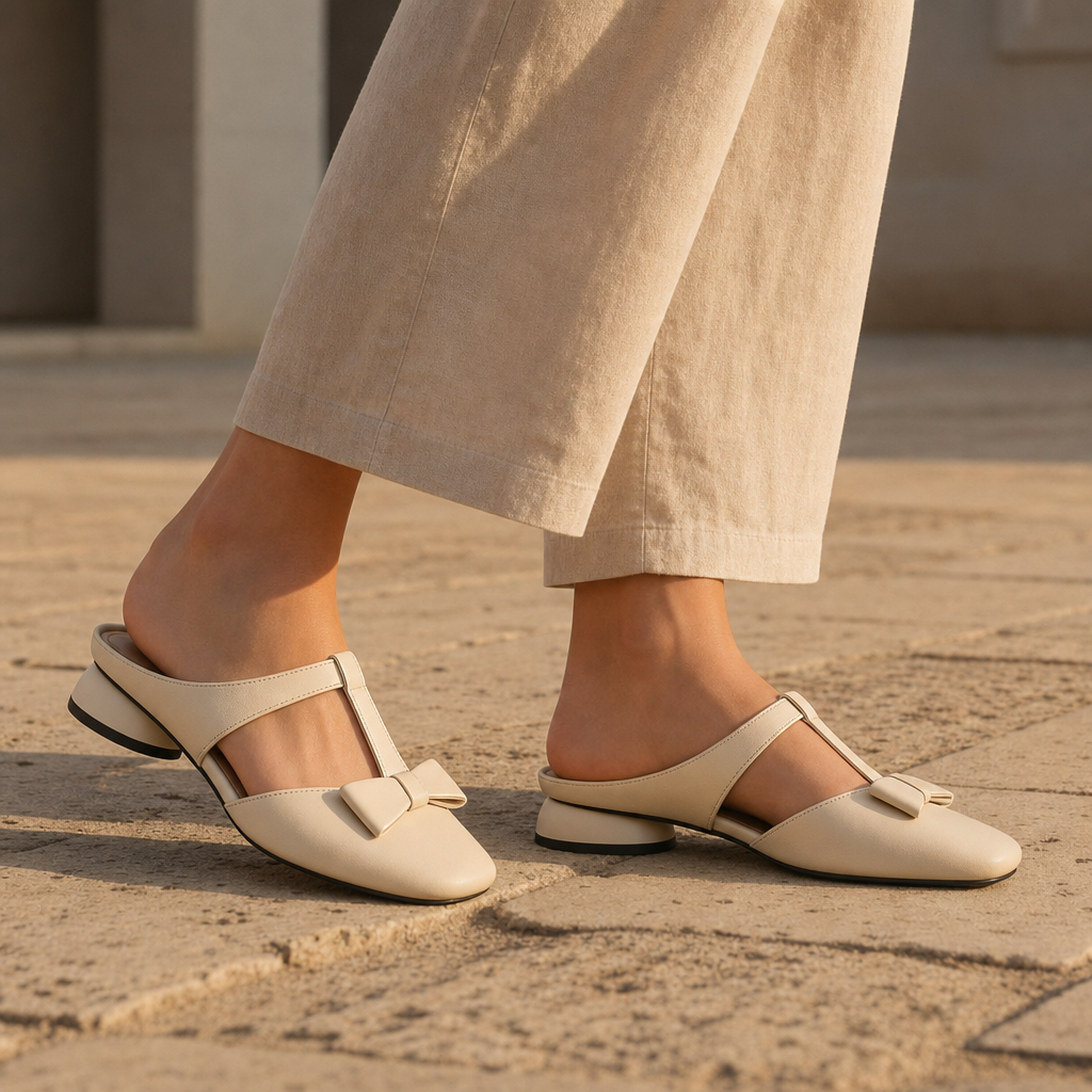 Collioure Bow T-Strap Mules in Beige