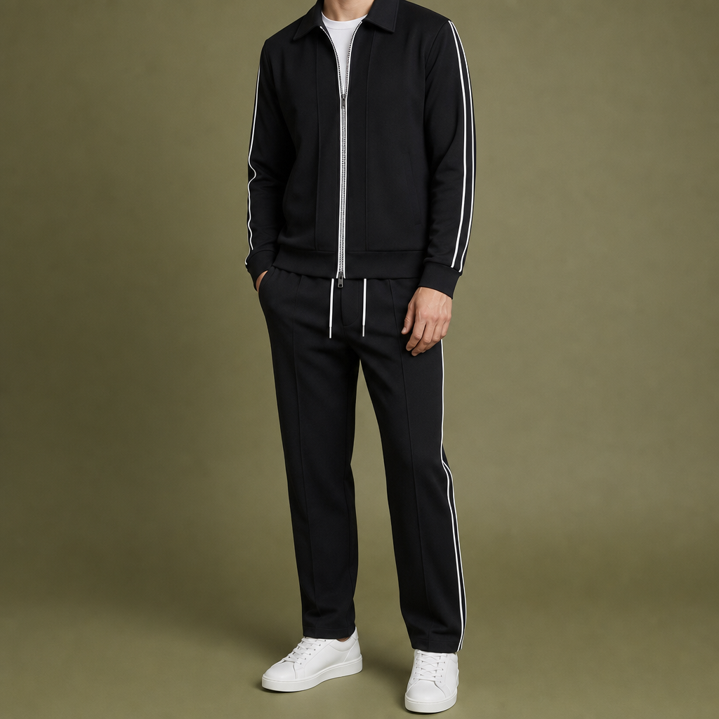 Monreale Stripe Zip Tracksuit Set in Black