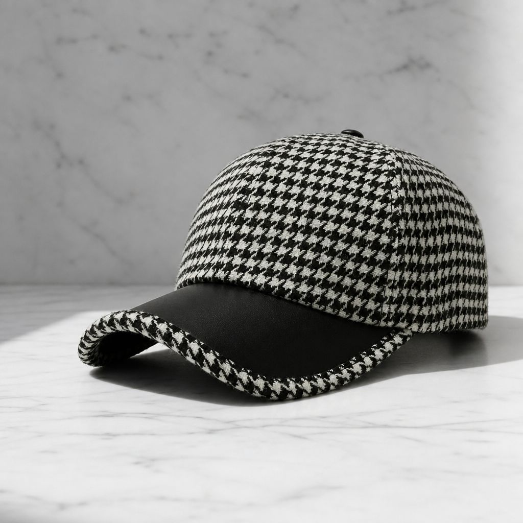 Syros Houndstooth Leather Cap in Black