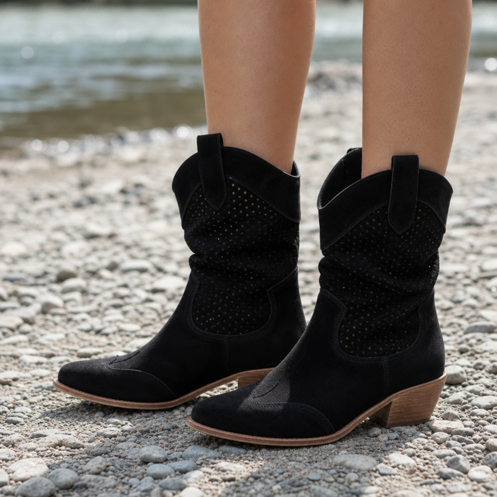 Tinos Perforated Western Boots in Black