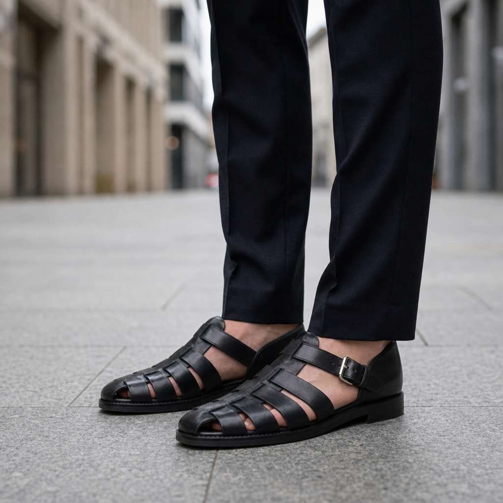 Getaria Leather Fisherman Sandals in Black