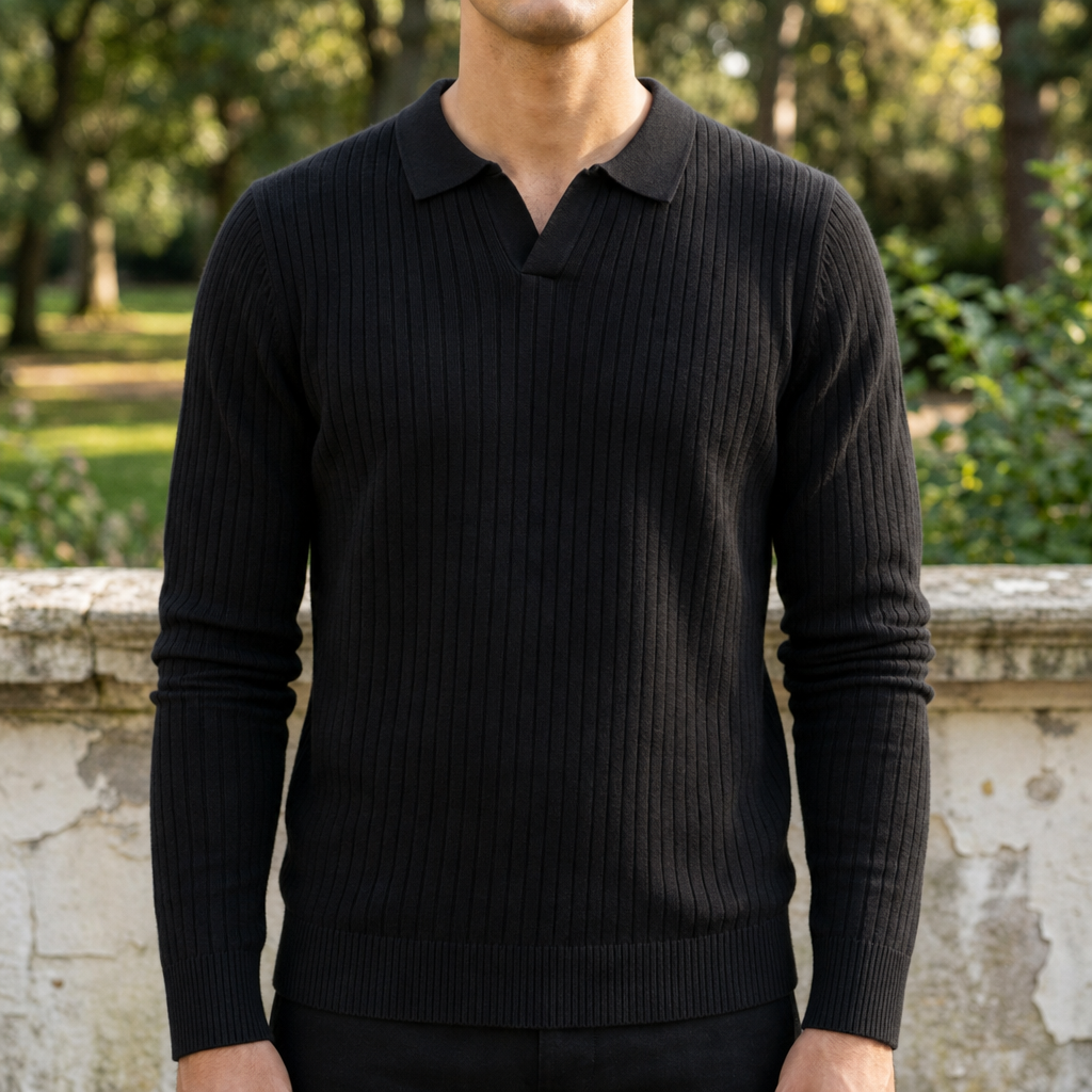 Caceres Ribbed Knit Polo in Black