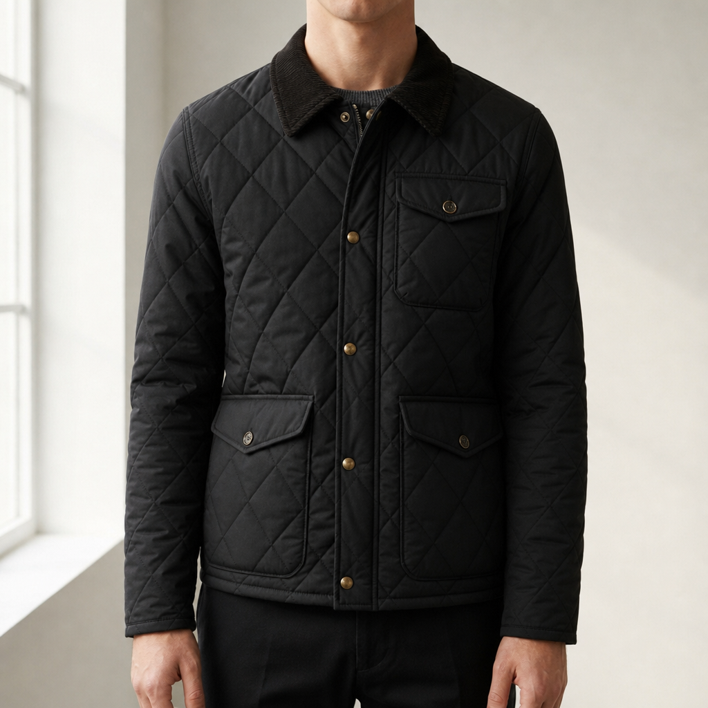 Tinos Quilted Corduroy Collar Jacket in Black