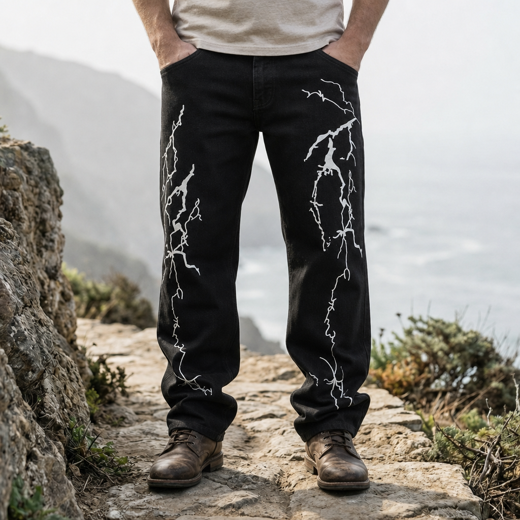Beziers Lightning Print Denim Jeans in Black