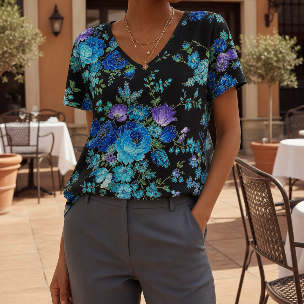 Mljet Rainbow Print V-Neck Top in Blue Floral