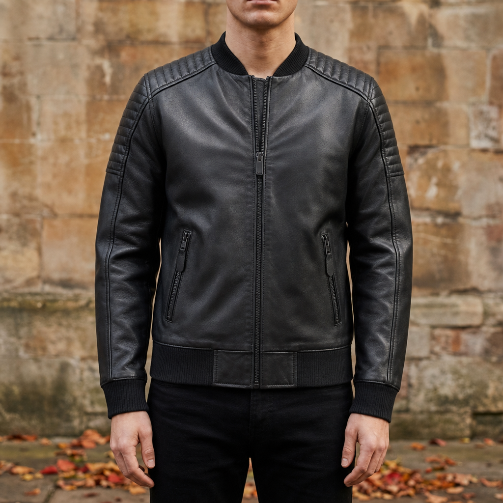 Toledo Shearling Lined Leather Bomber in Black