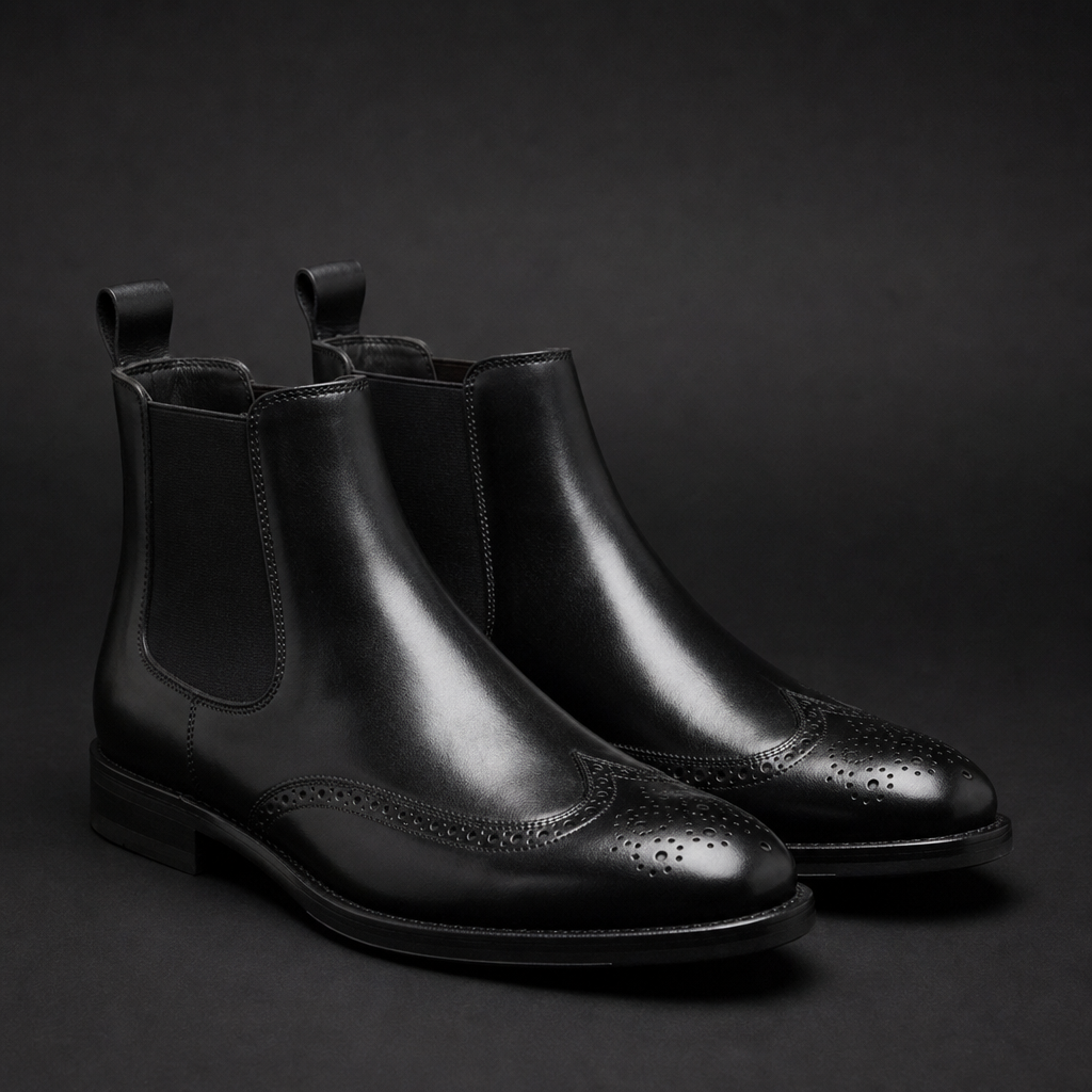 Anzio Brogue Chelsea Boots in Black