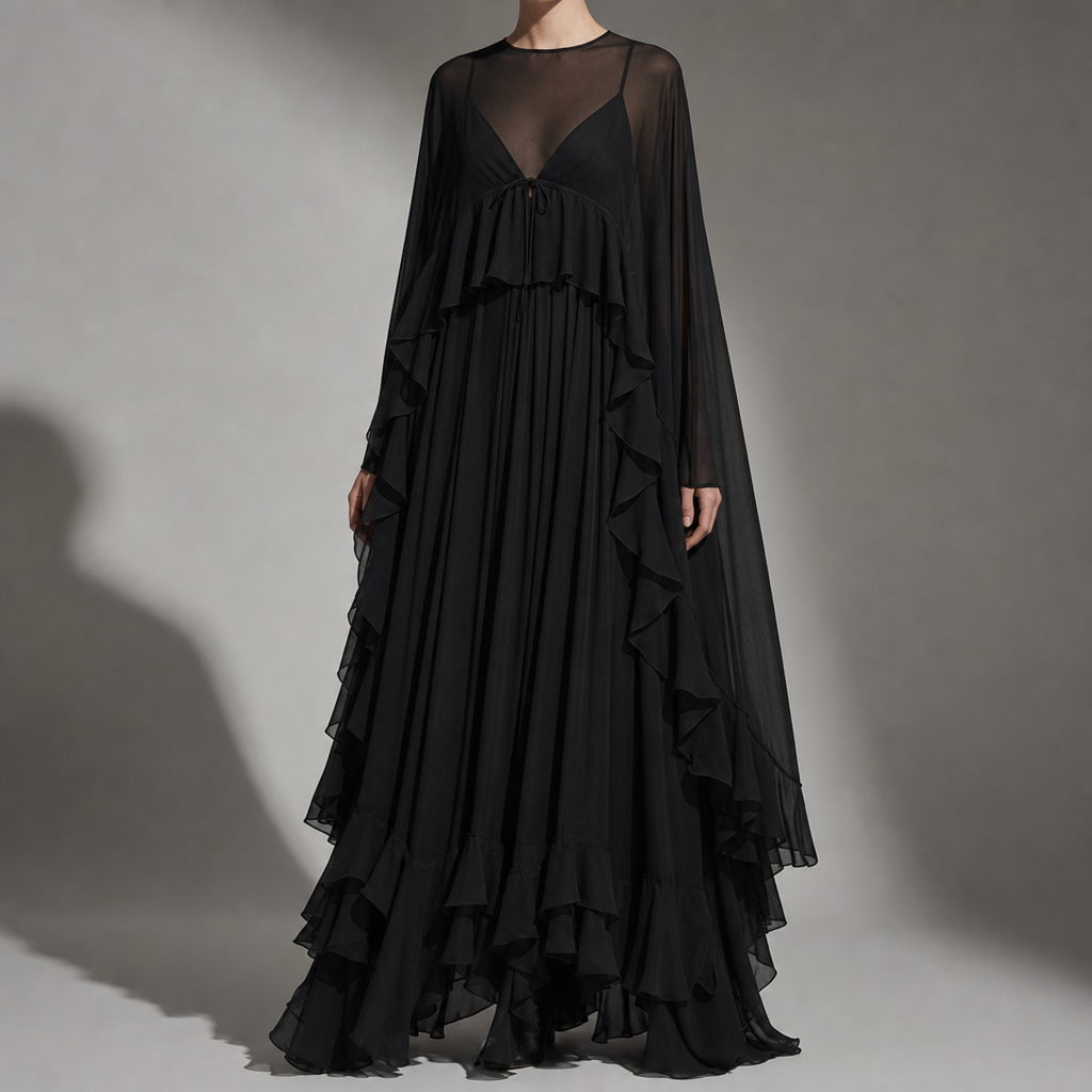 Murcia Chiffon Cape Maxi Dress in Black