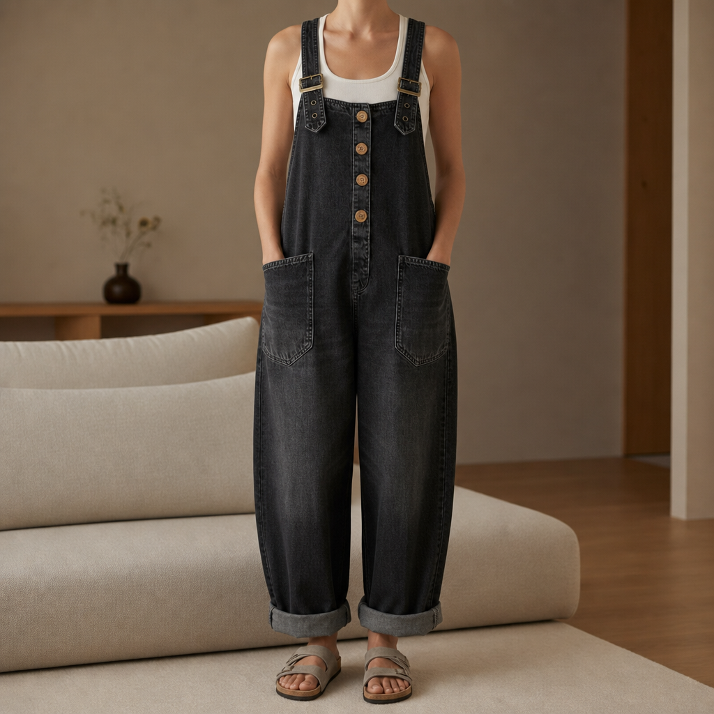 Porquerolles Wide-Leg Denim Overalls in Black