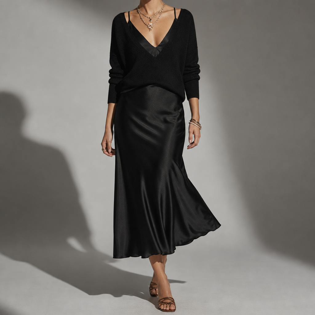 Tarifa Satin Skirt Sweater Set in Black