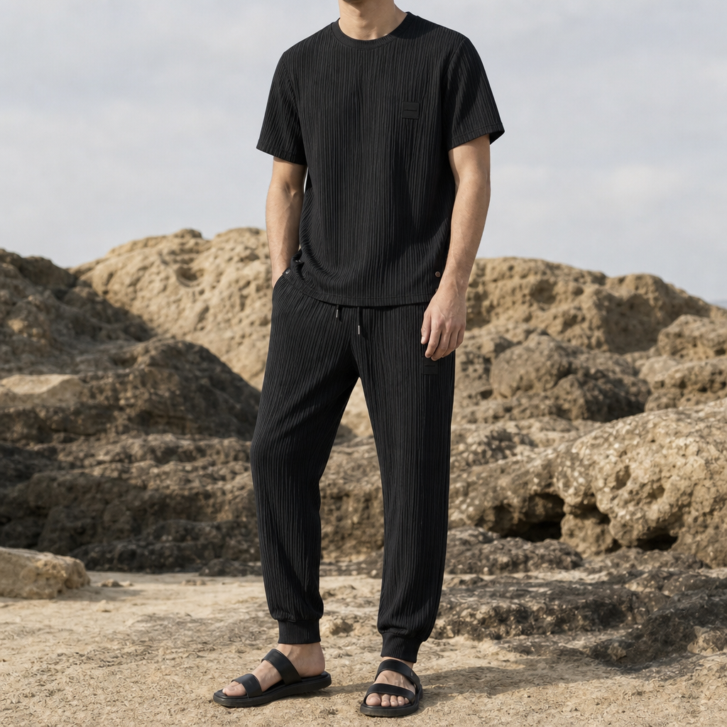 Poros Textured Ice Silk Set in Black