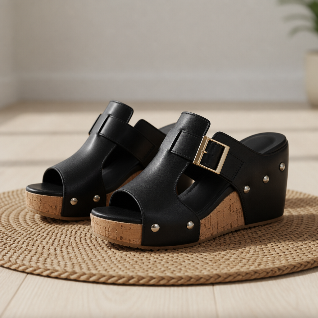 Merano Cork Wedge Platform Sandals in Black
