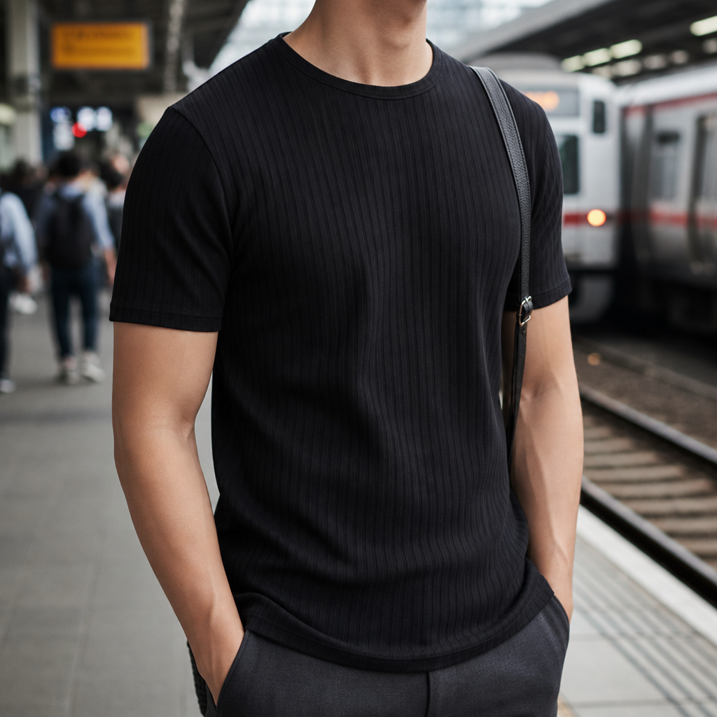 Monemvasia Ribbed Fitted T-Shirt in Black