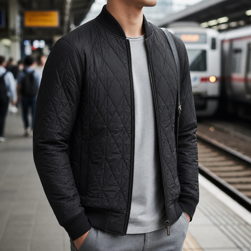 Imperia Quilted Diamond Bomber Jacket in Black