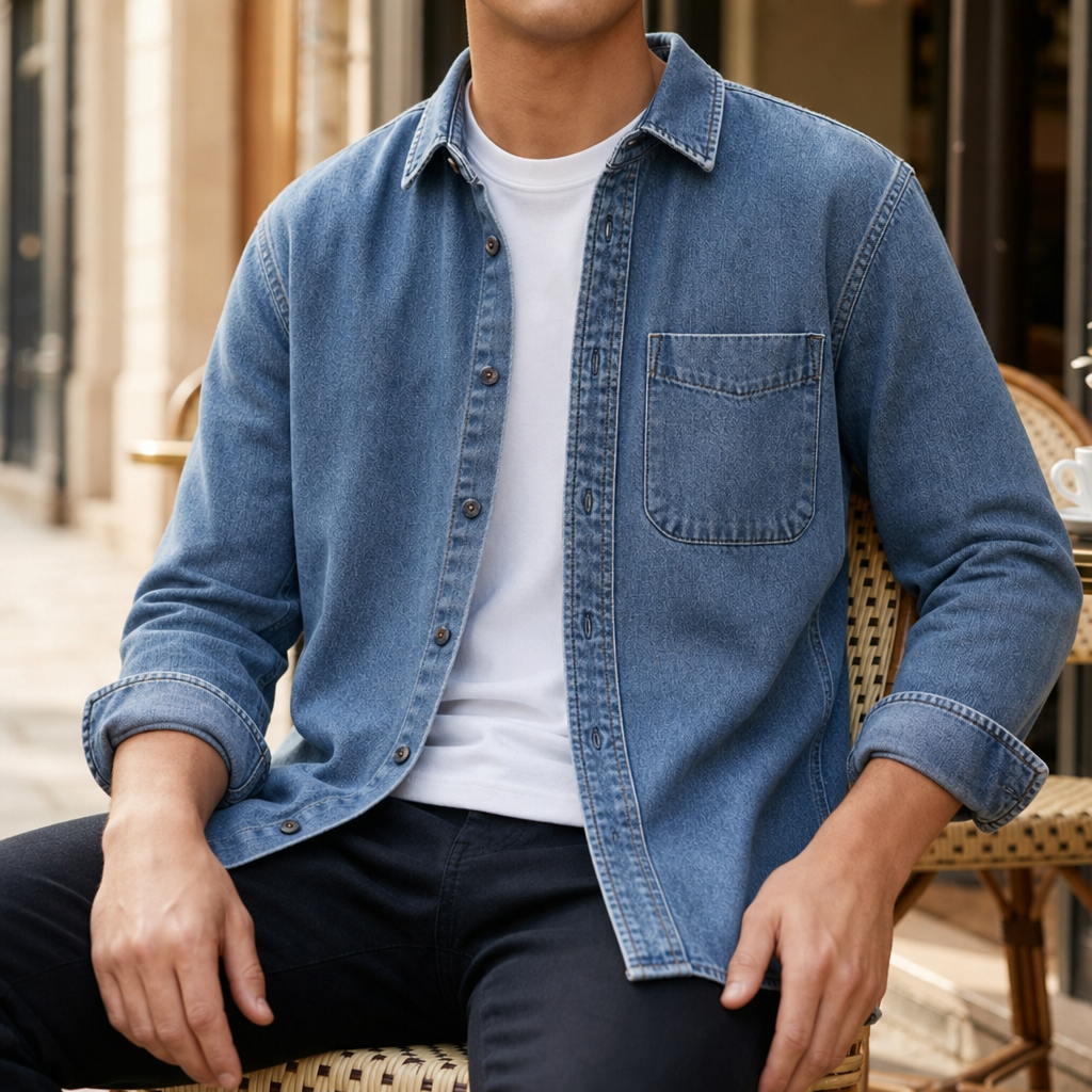 Folegandros Vintage Washed Denim Shirt in Denim Blue