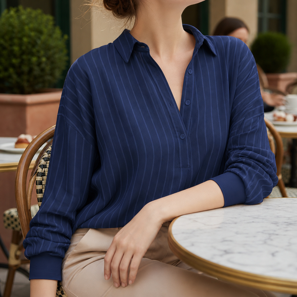 Folegandros Striped Button-Up Blouse in Navy Blue