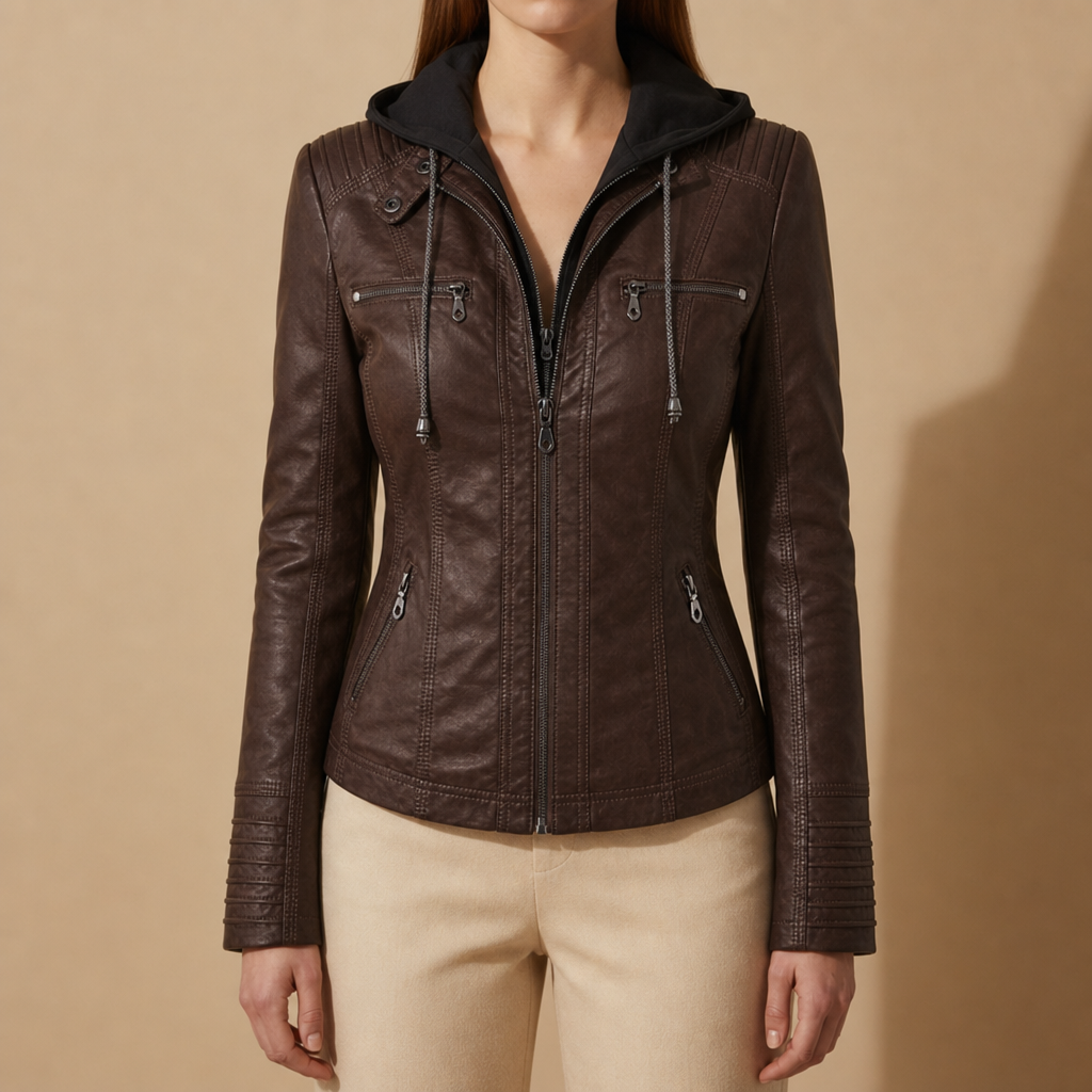 Trogir Hooded Faux Leather Jacket in Espresso Brown