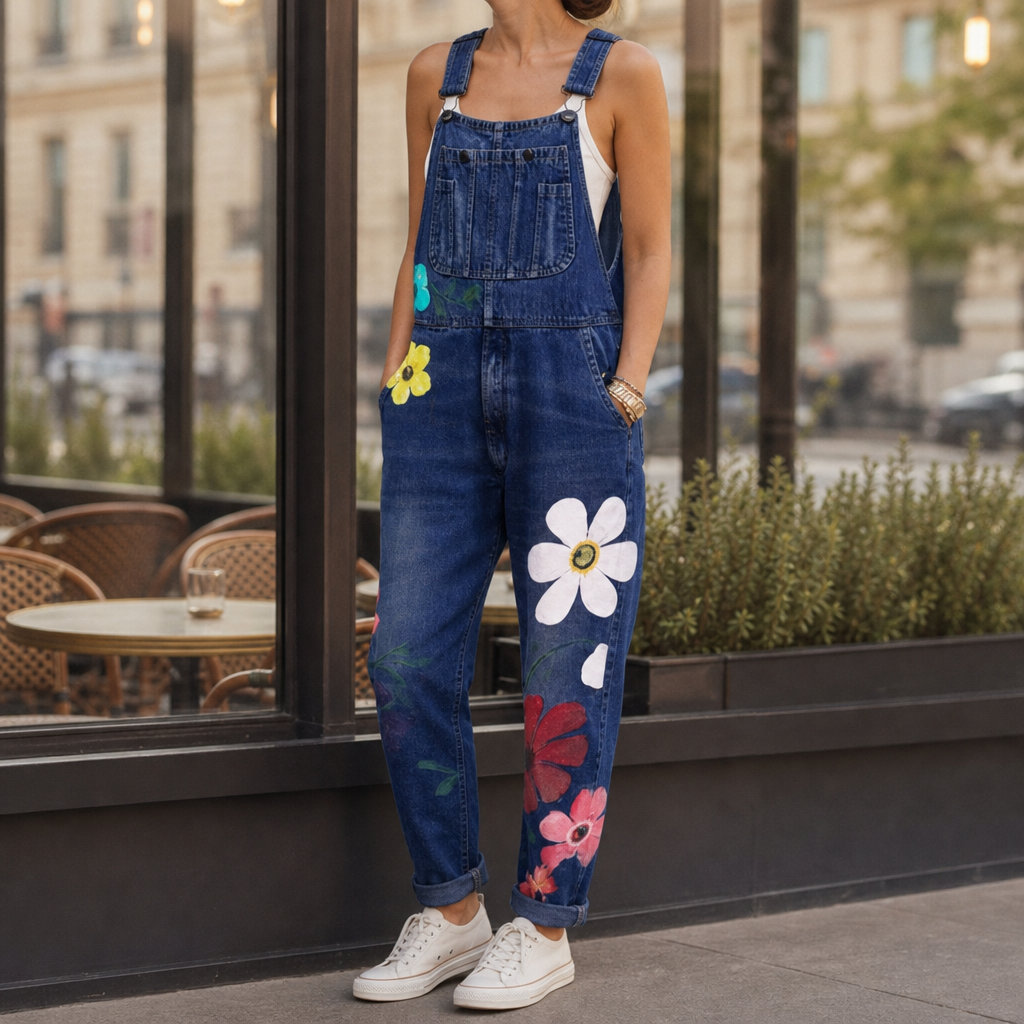 Birgu Floral Denim Overalls in Dark Blue