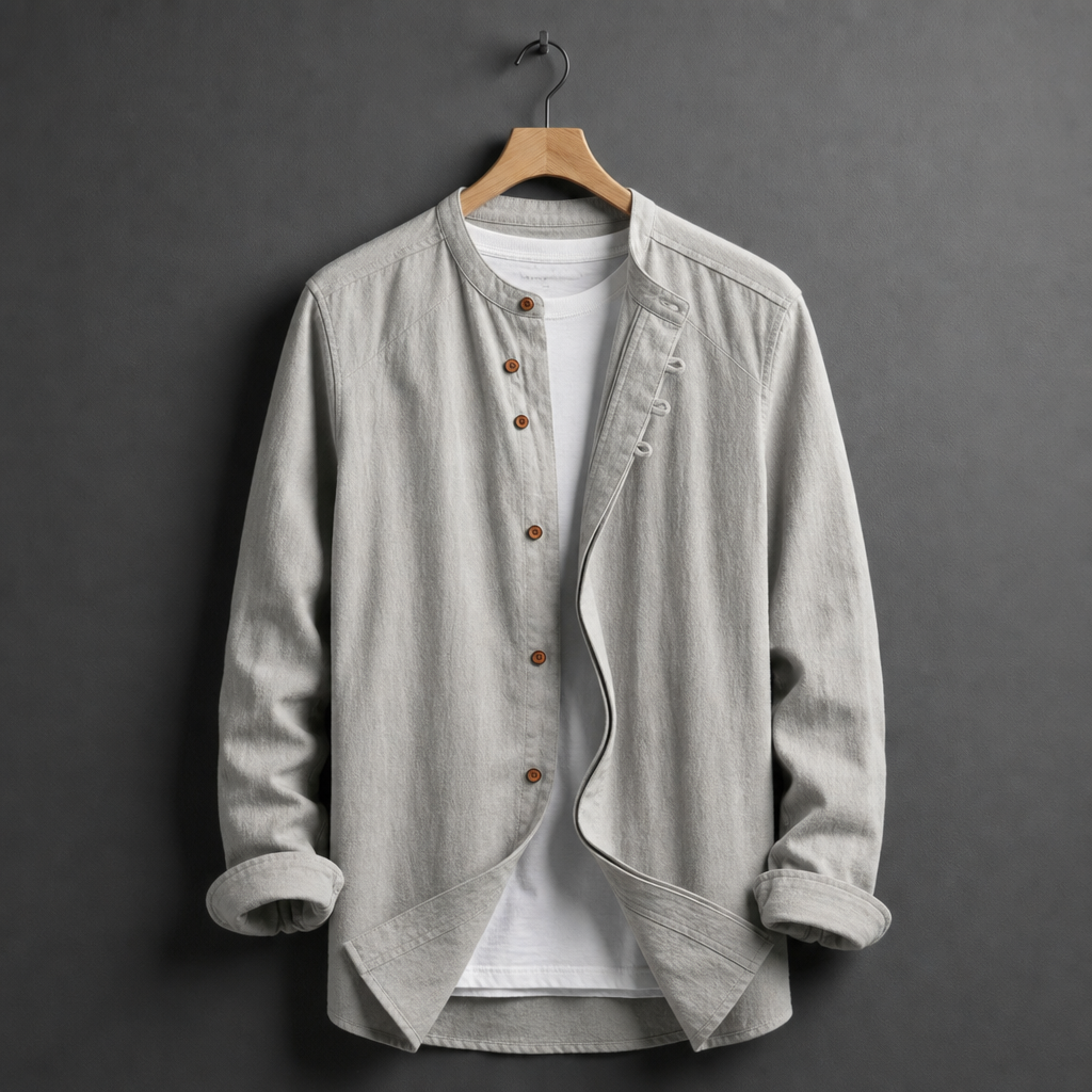 Lacoste Mandarin Collar Linen Shirt in Gray