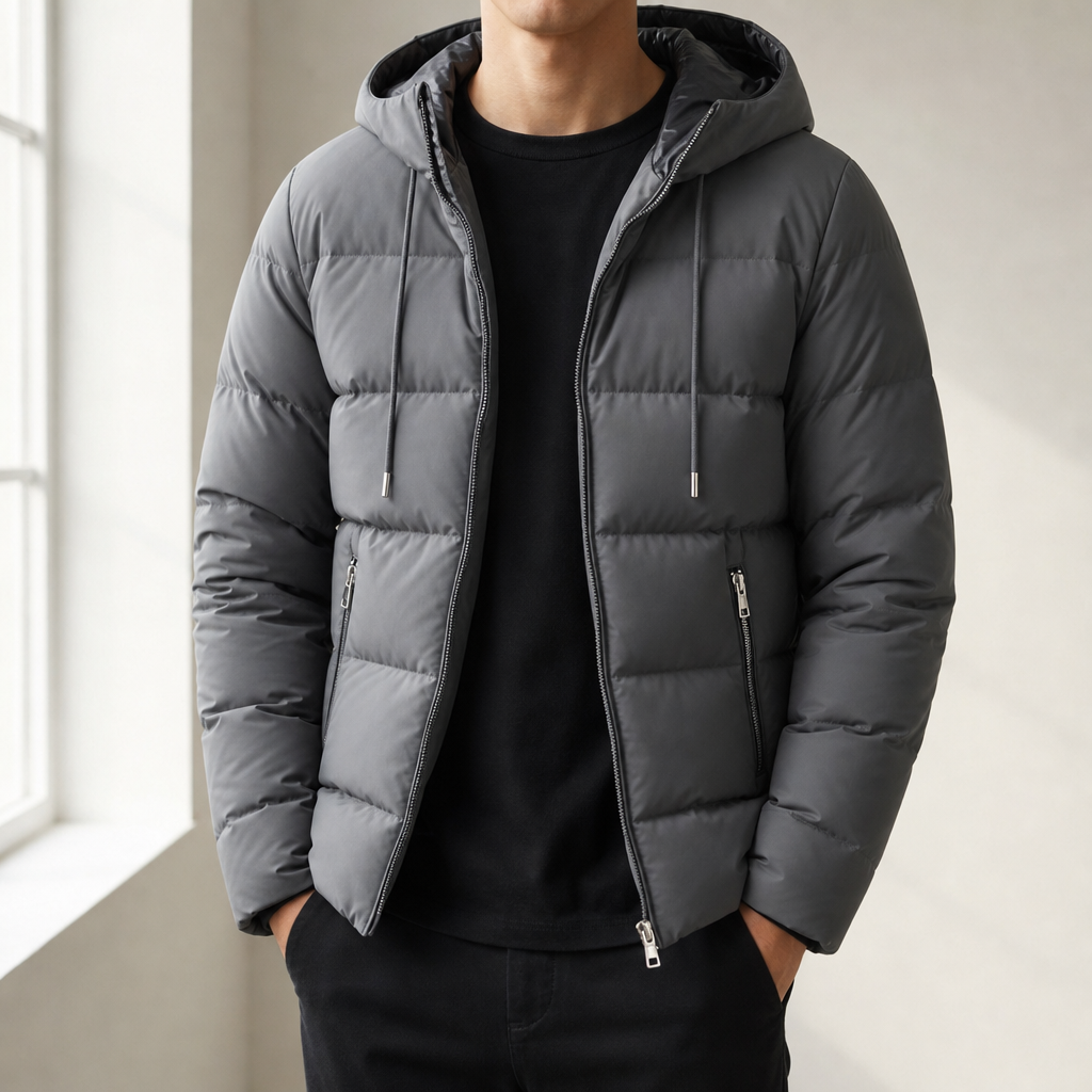 Serifos Hooded Quilted Puffer Jacket in Gray