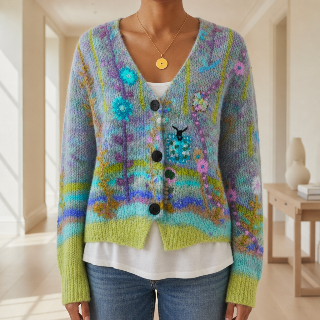 Trani Floral Embroidered Cardigan in Green