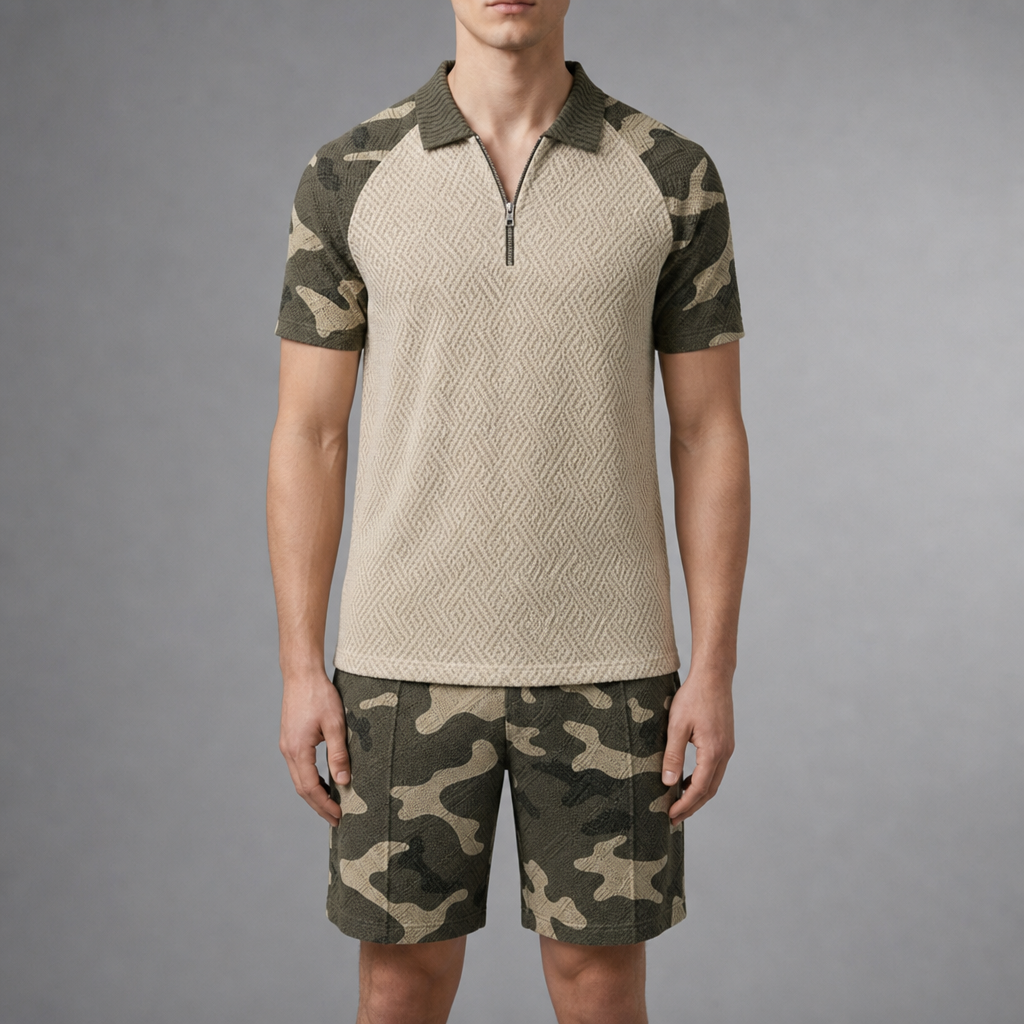 Anzio Camo Polo Co-Ord Set in Khaki