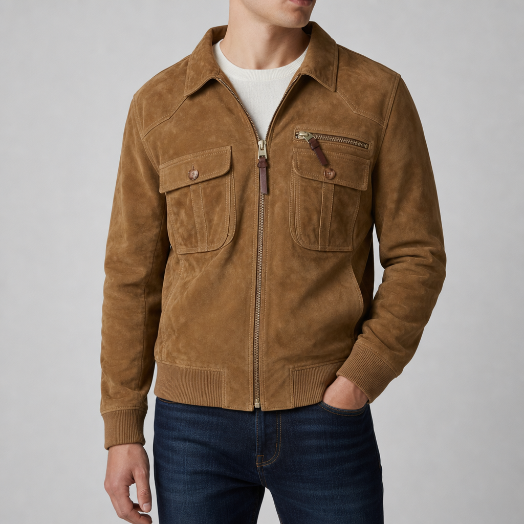 Gijon Retro Suede Bomber Jacket in Light Brown