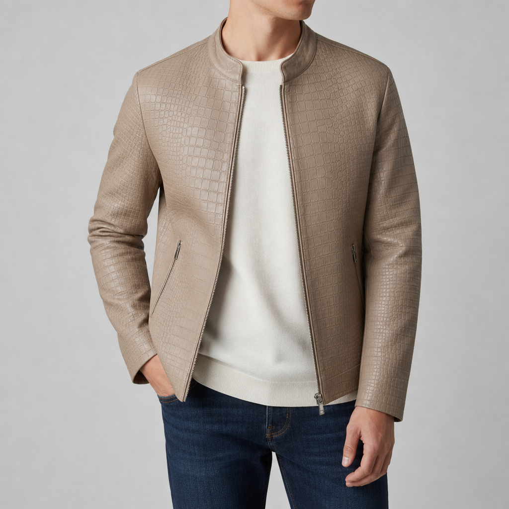 Ajaccio Croc Embossed Leather Jacket in Light Khaki