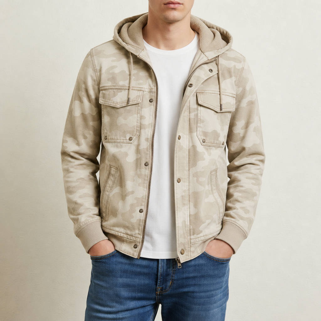 Gozo Camo Hooded Cargo Jacket in Light Khaki