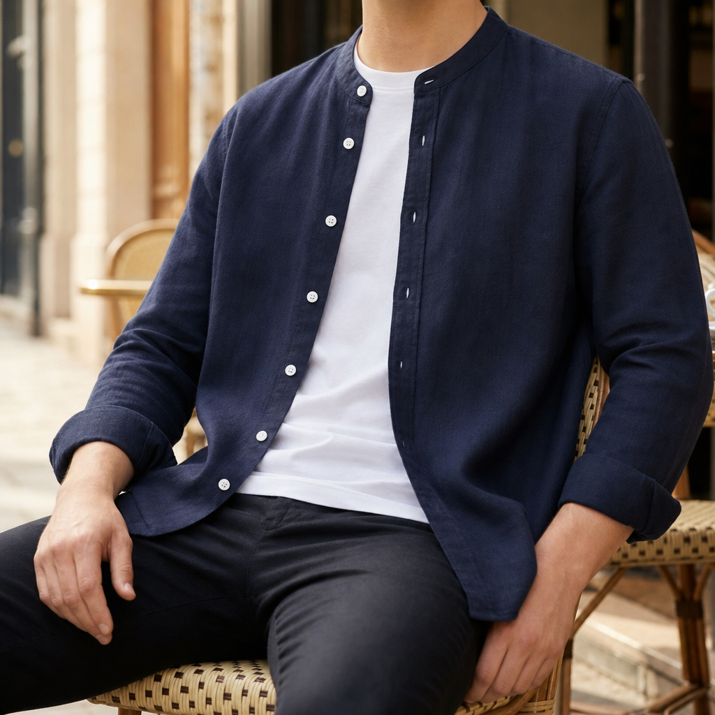 Sesimbra Linen Band Collar Shirt in Navy