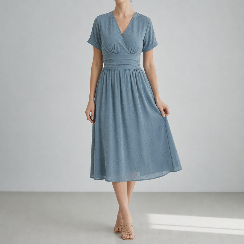 Peniscola Swiss Dot Wrap Midi Dress in Sea blue