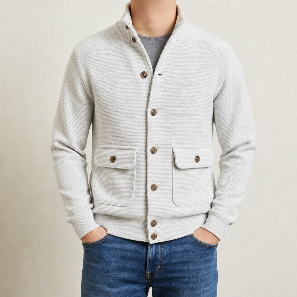 Antequera Stand Collar Knit Jacket in White