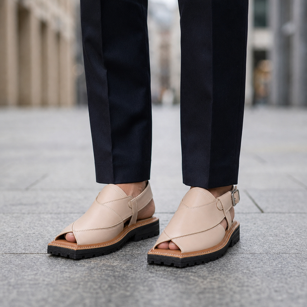 Ceret Rugged Leather Peshawari Sandals in Antique White