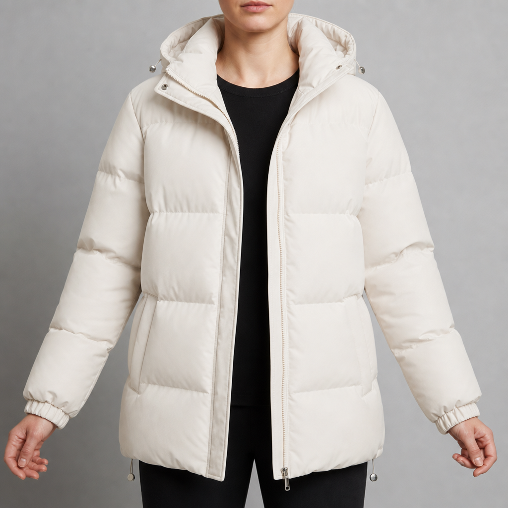 Kea Hooded Quilted Puffer Jacket in Beige White