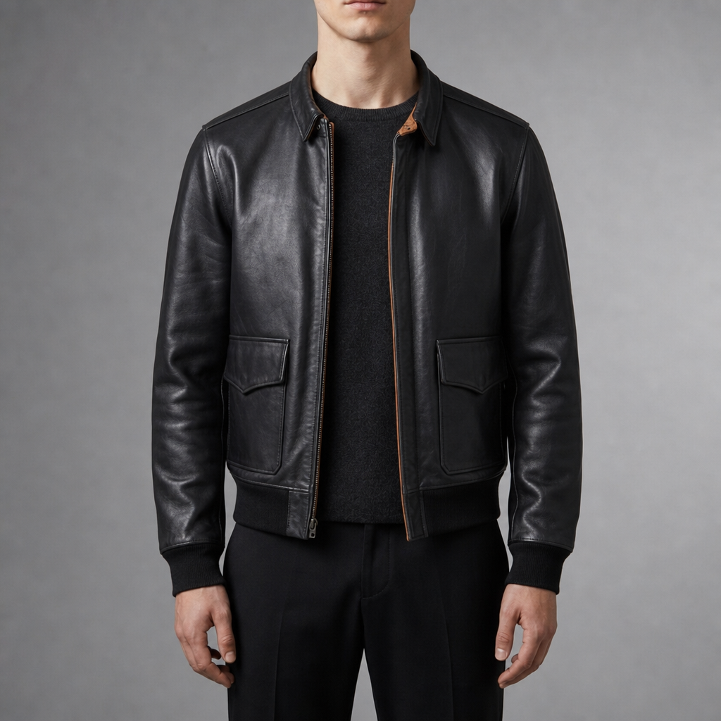 Korcula A2 Leather Bomber Jacket in Black